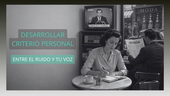 Mujer escribiendo en un cuaderno en una cafetería mientras a su alrededor hay conversaciones, una televisión con un político y un hombre leyendo un periódico, simbolizando cómo desarrollar un criterio propio sin desconectarse del mundo.