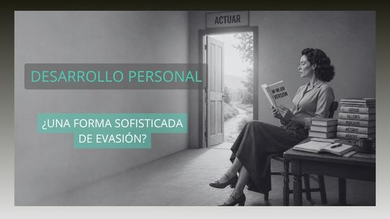 Mujer sentada leyendo un libro titulado "Mi mejor versión" junto a una puerta abierta con el cartel "Actuar" iluminada por la luz exterior simbolizando el desarrollo personal como evasion para no actuar