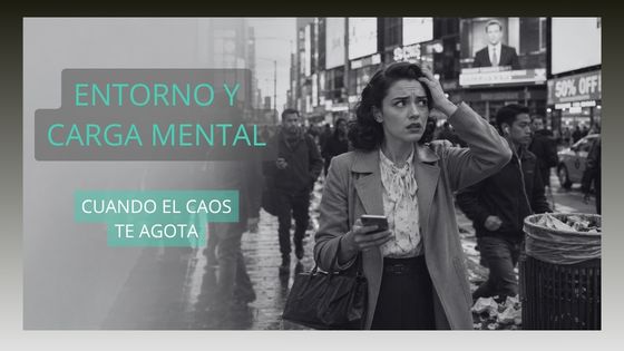 Mujer camina porla calle saturada de ruido. Entorno y claridad mental influida por el desorden externo