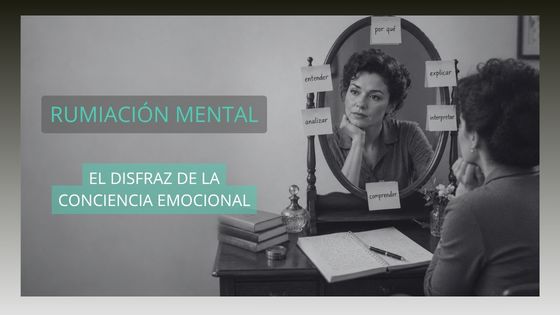 Mujer observando su reflejo en un espejo rodeado de notas con palabras relacionadas con el análisis y la comprensión