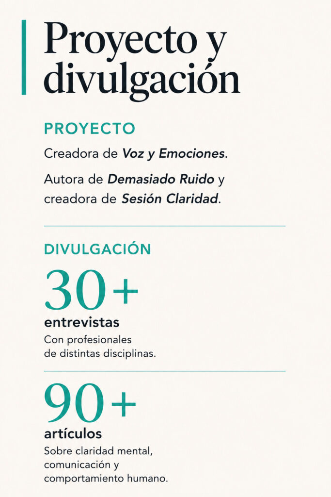 Proyecto y divulgación de Voz y Emociones: creadora, publicaciones y entrevistas.