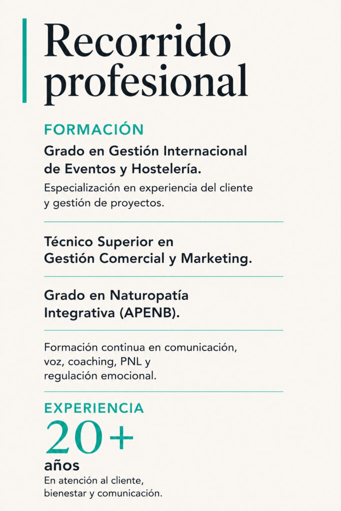 Recorrido profesional con la formación y la experiencia que sostienen el proyecto Voz y Emociones.